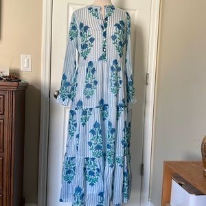 Oliphant blue and white mandarin maxi dress M NWOT